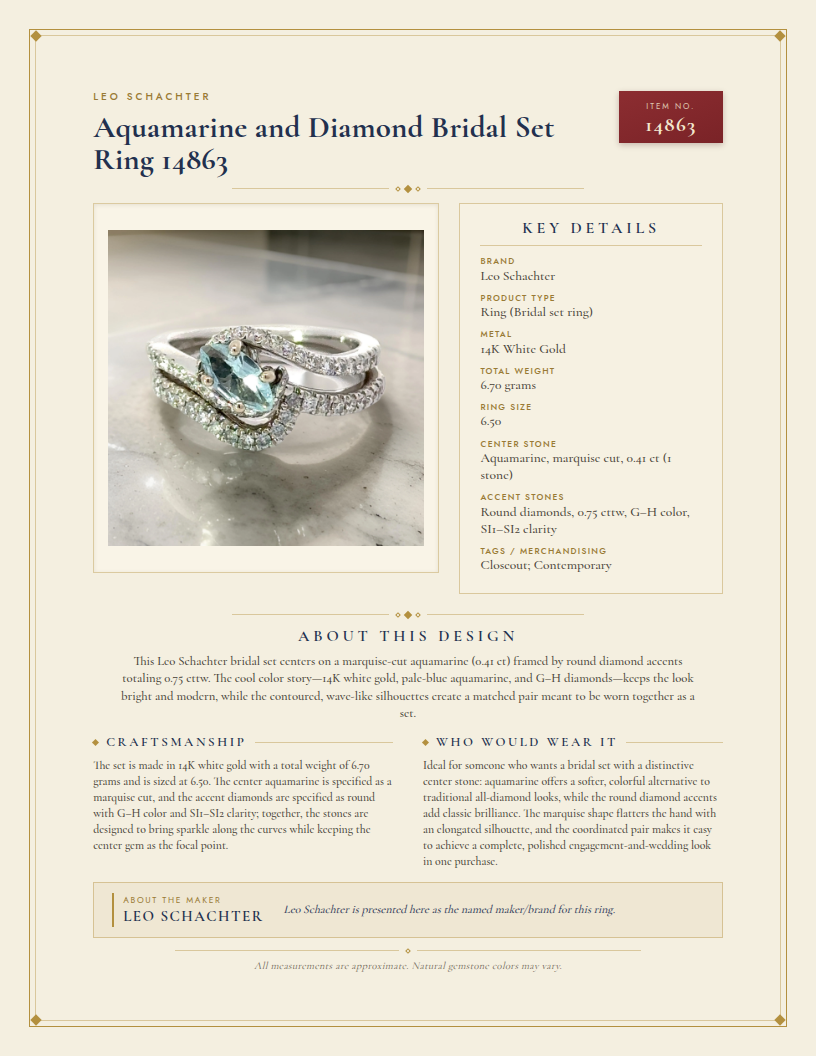 Leo Schachter Aquamarine and Diamond Bridal Set Ring 14863 — anatomy card