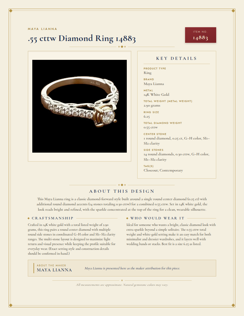 Maya Lianna .55 cttw Diamond Ring 14883 — anatomy card