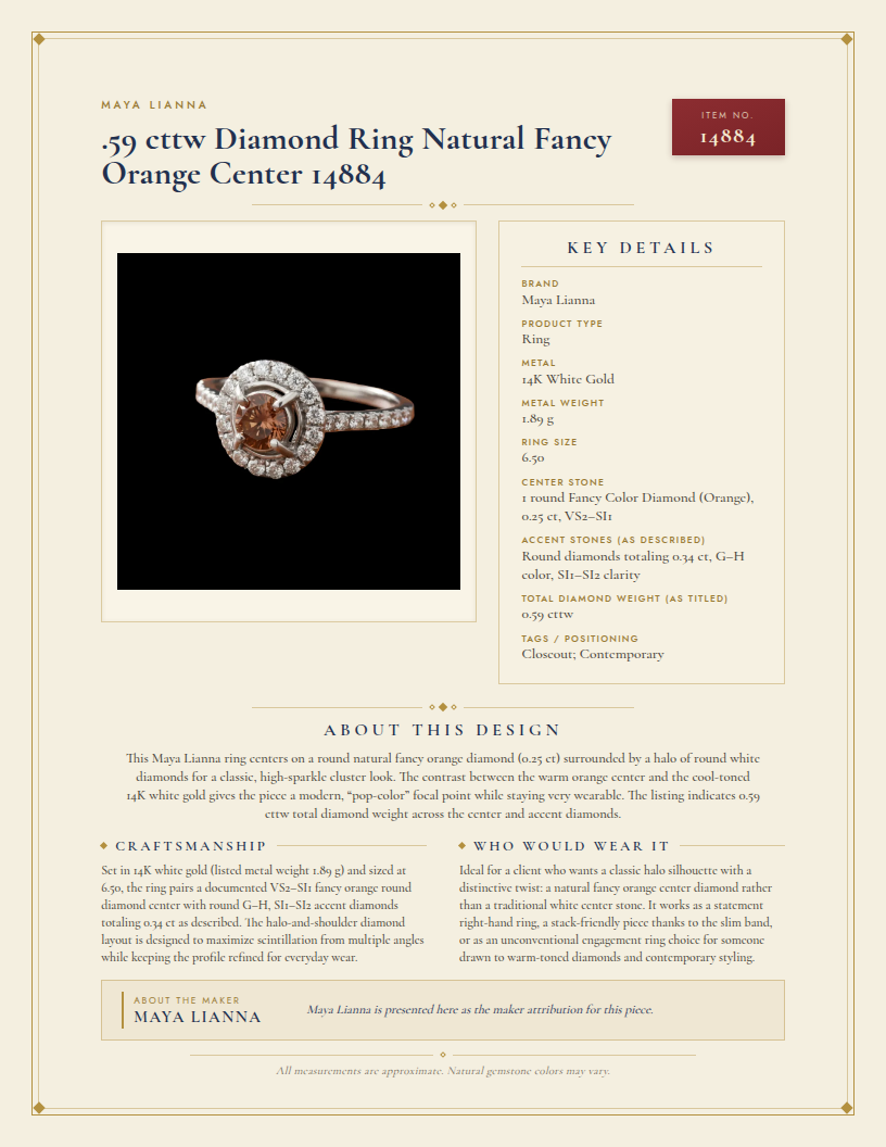 Maya Lianna .59 cttw Diamond Ring Natural Fancy Orange Center 14884 — anatomy card