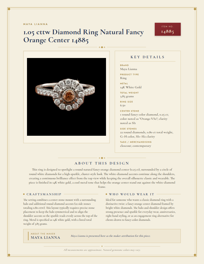 Maya Lianna 1.05 cttw Diamond Ring Natural Fancy Orange Center 14885 — anatomy card
