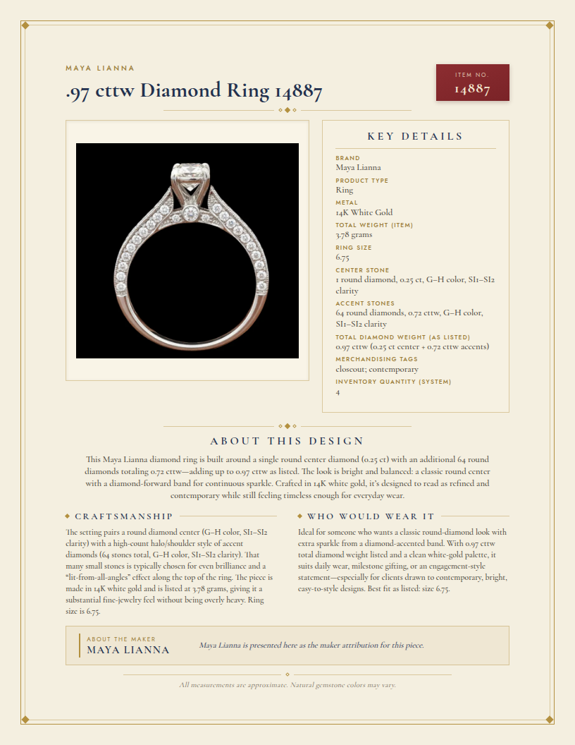 Maya Lianna .97 cttw Diamond Ring 14887 — anatomy card