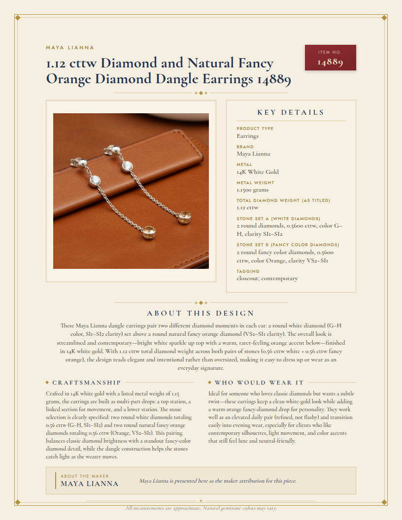 Maya Lianna 1.12 cttw Diamond and Natural Fancy Orange Diamond Dangle Earrings 14889 — anatomy card