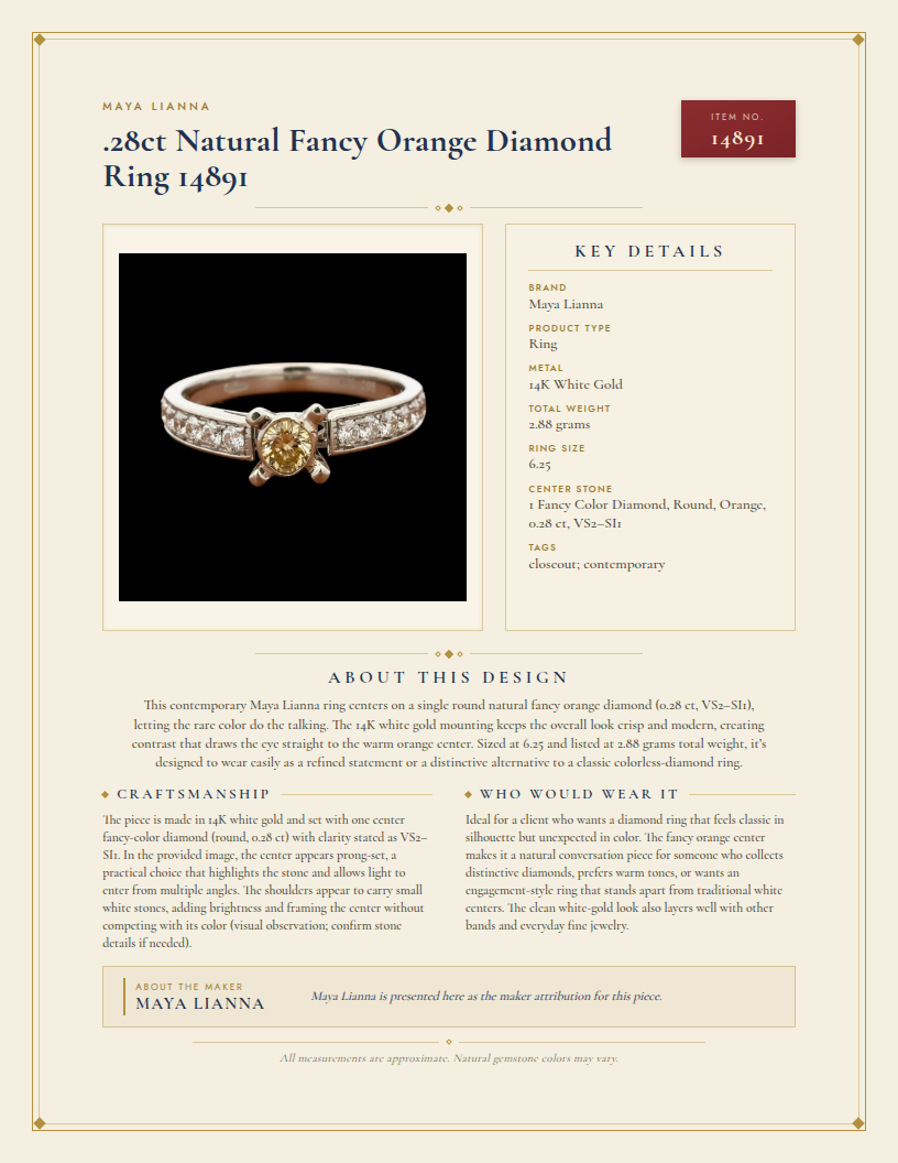 Maya Lianna .28ct Natural Fancy Orange Diamond Ring 14891 — anatomy card