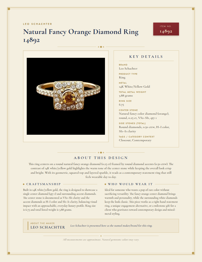 Leo Schachter Natural Fancy Orange Diamond Ring 14892 — anatomy card