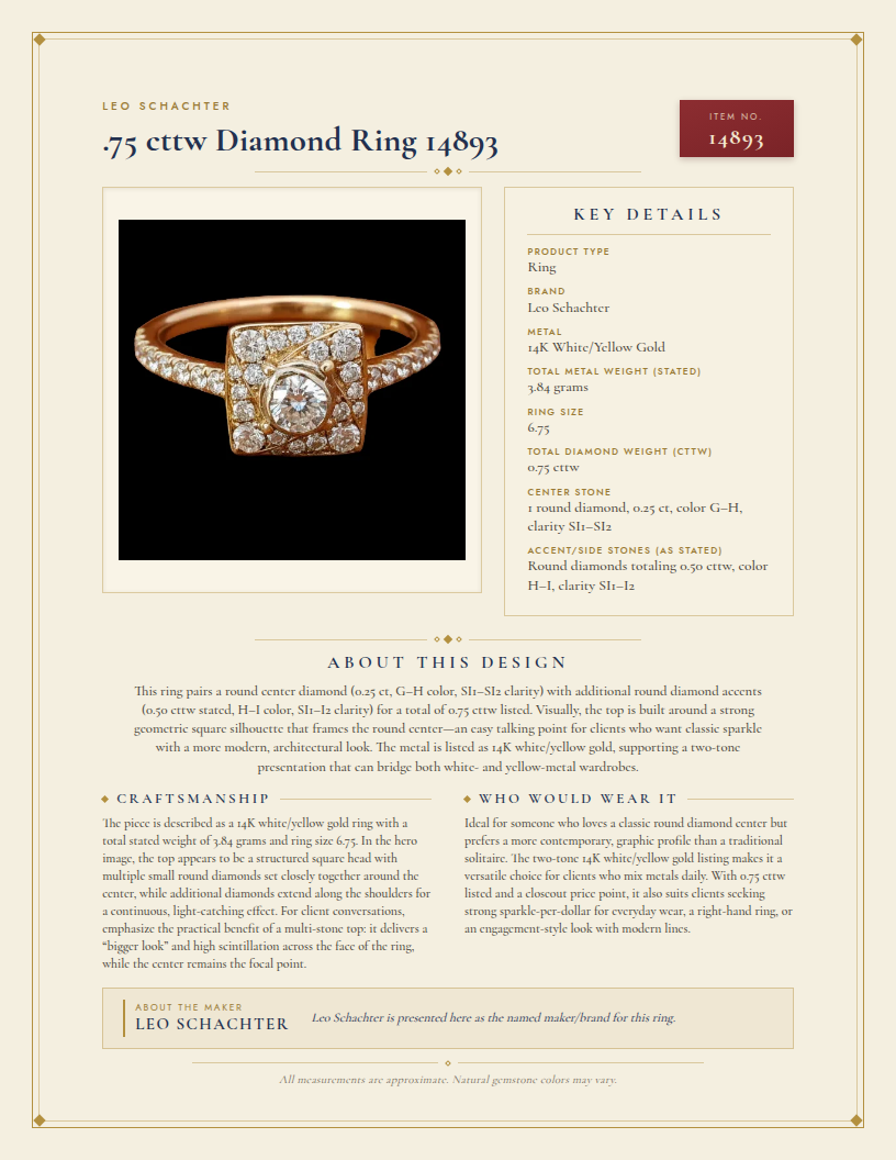 Leo Schachter .75 cttw Diamond Ring 14893 — anatomy card
