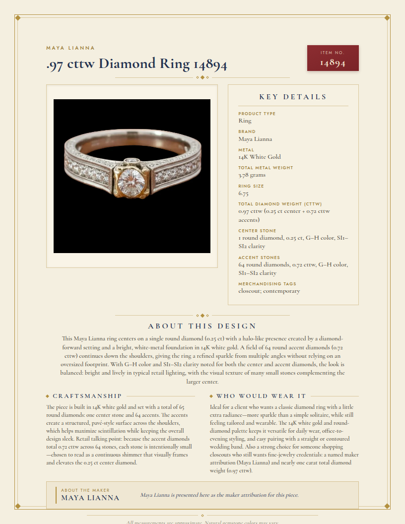 Maya Lianna .97 cttw Diamond Ring 14894 — anatomy card