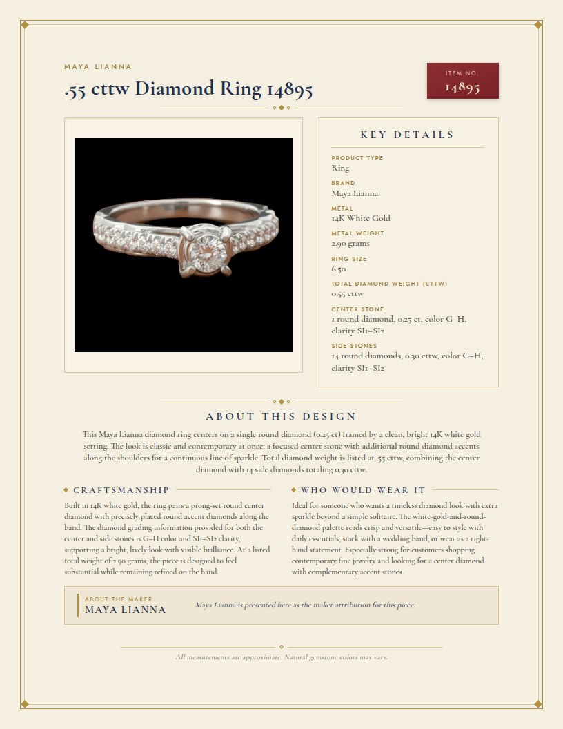 Maya Lianna .55 cttw Diamond Ring 14895 — anatomy card