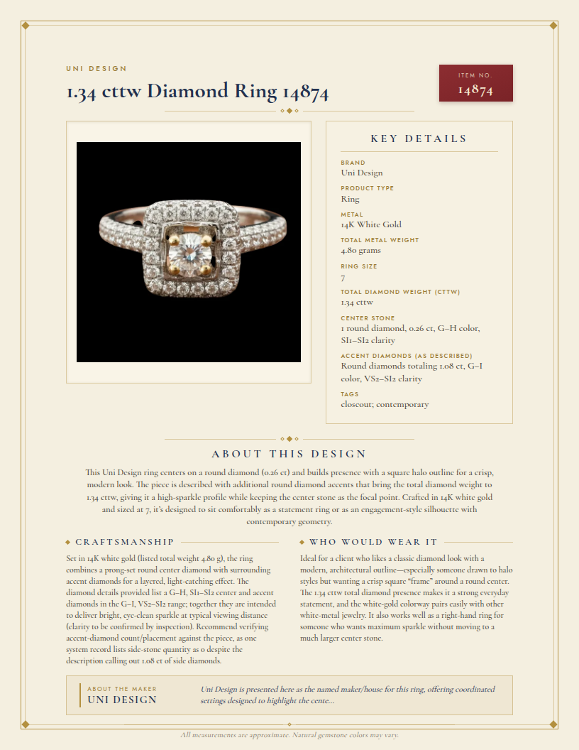 Uni Design 1.34 cttw Diamond Ring 14874 — anatomy card