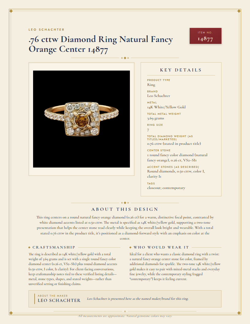 Leo Schachter .76 cttw Diamond Ring Natural Fancy Orange Center 14877 — anatomy card