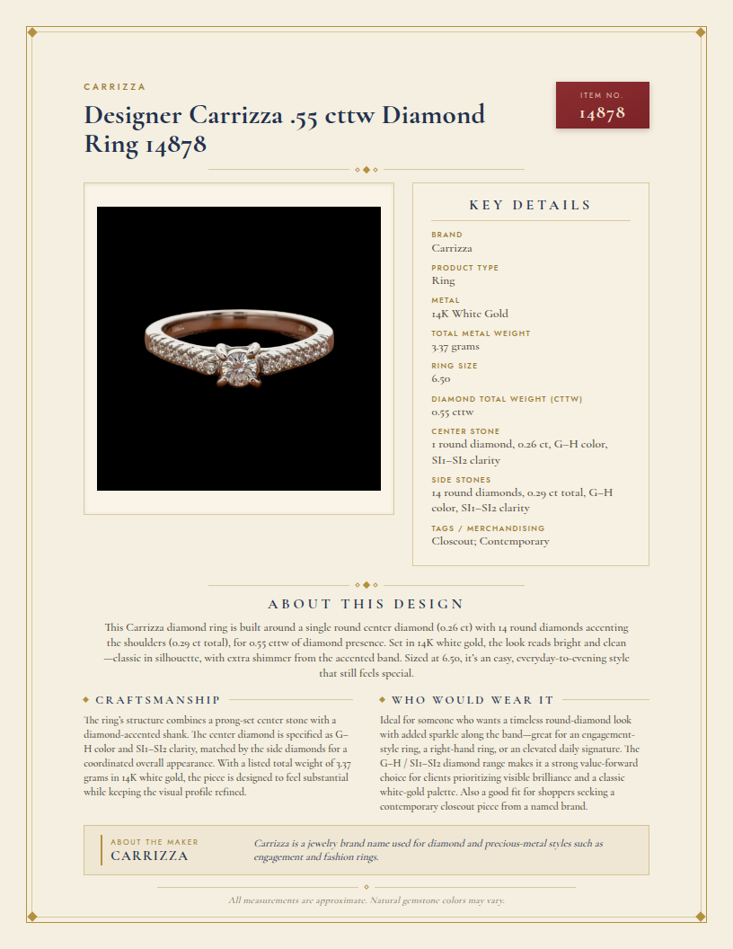 Designer Carrizza .55 cttw Diamond Ring 14878 — anatomy card