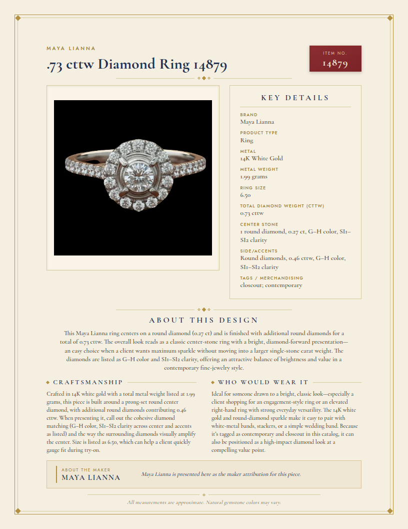 Maya Lianna .73 cttw Diamond Ring 14879 — anatomy card