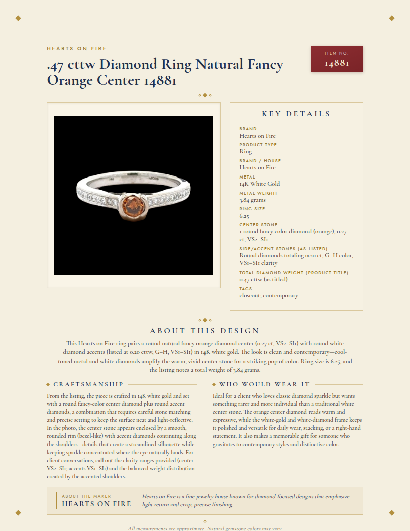 Hearts On Fire .47 cttw Diamond Ring Natural Fancy Orange Center 14881 — anatomy card