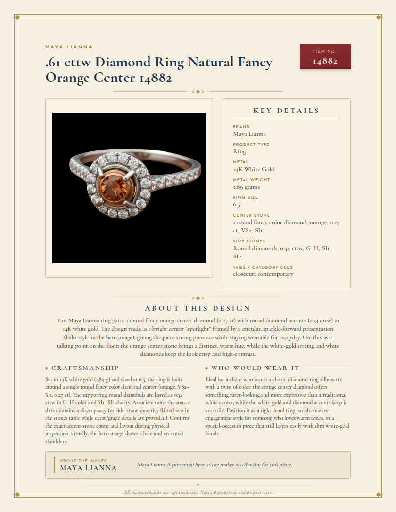 Maya Lianna .61 cttw Diamond Ring Natural Fancy Orange Center 14882 — anatomy card