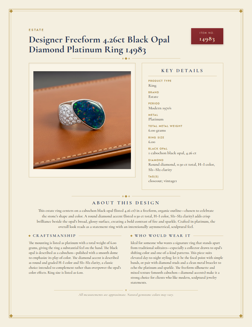 Estate Designer Freeform 4.26ct Black Opal Diamond Platinum Ring 14983 — anatomy card