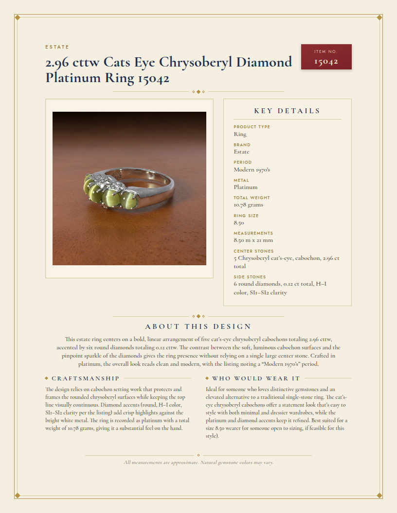 Estate 2.96 cttw Cats Eye Chrysoberyl Diamond Platinum Ring 15042 — anatomy card