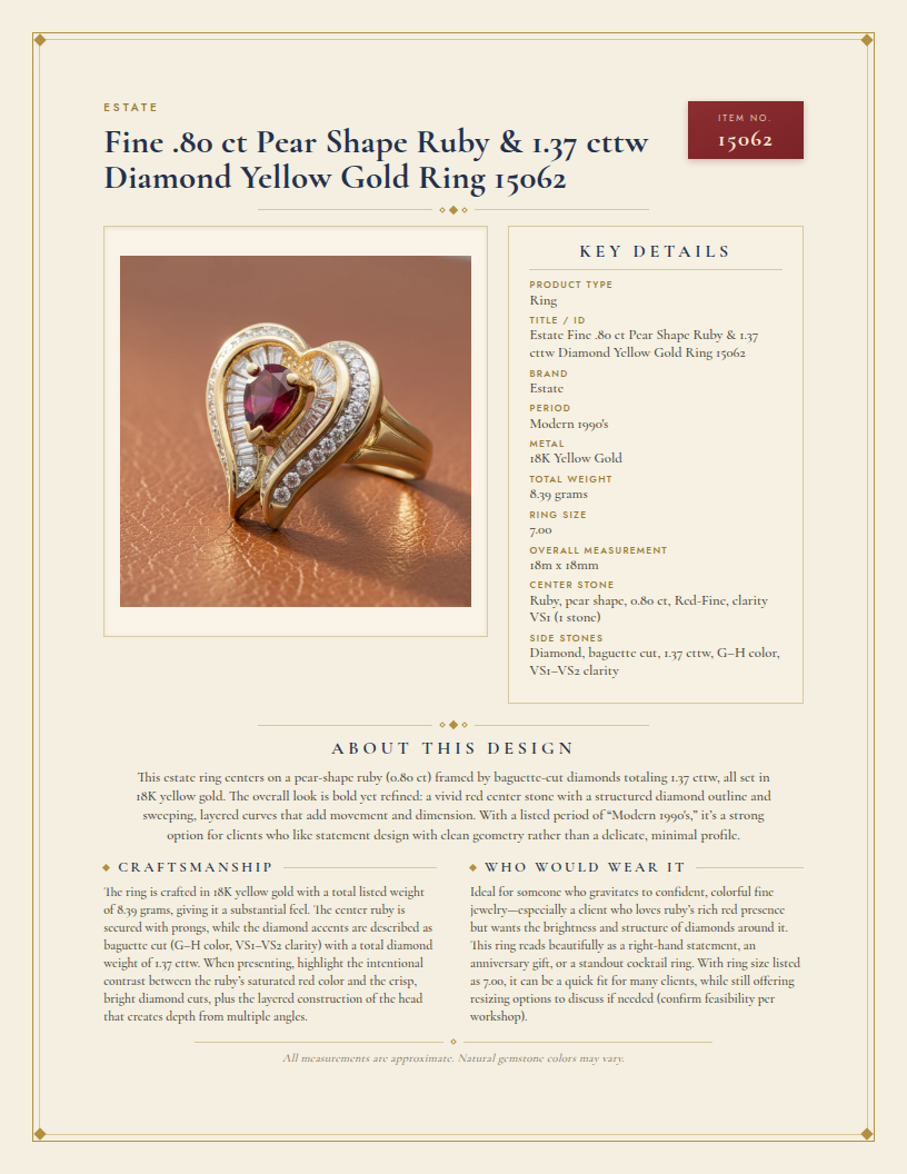 Estate Fine .80 ct Pear Shape Ruby & 1.37 cttw Diamond Yellow Gold Ring 15062 — anatomy card