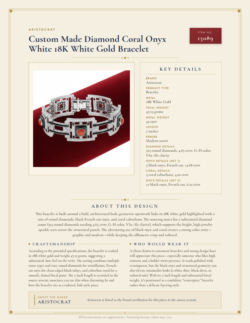Custom Made Diamond Coral Onyx White 18K White Gold Bracelet — anatomy card