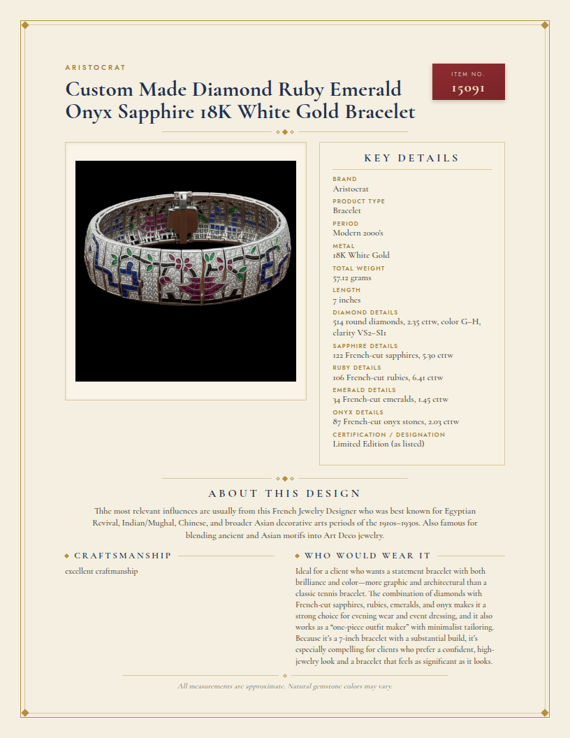 Custom Made Diamond Ruby Emerald Onyx Sapphire 18K White Gold Bracelet — anatomy card