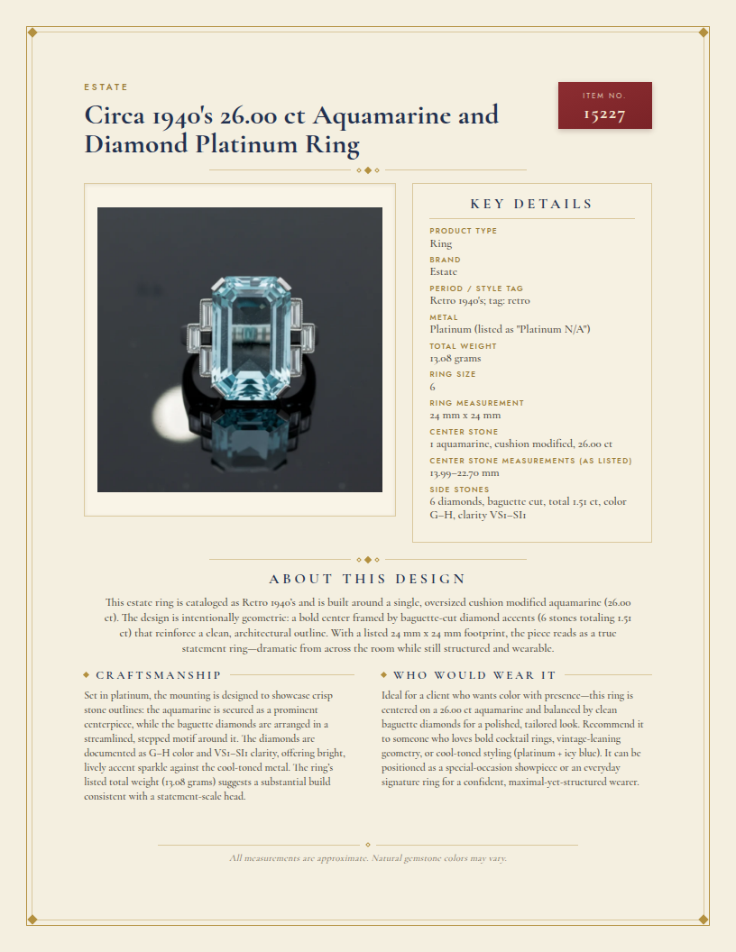 Circa 1940's 26.00 ct Aquamarine and Diamond Platinum Ring — anatomy card