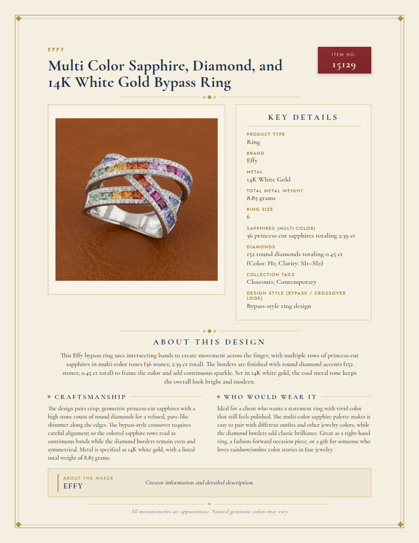 Effy Multi Color Sapphire, Diamond, and 14K White Gold Bypass Ring — anatomy card