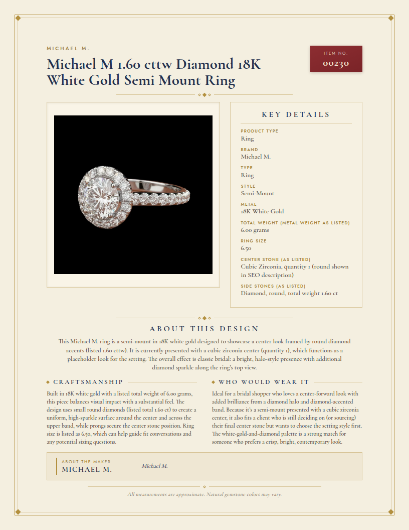 Michael M 1.60 cttw Diamond 18K White Gold Semi Mount Ring — anatomy card