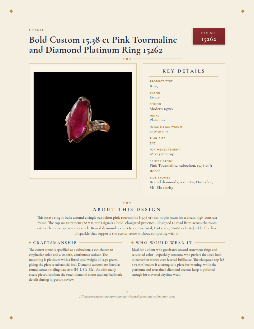 Estate Bold Custom 15.38 ct Pink Tourmaline and Diamond Platinum Ring 15262 — anatomy card