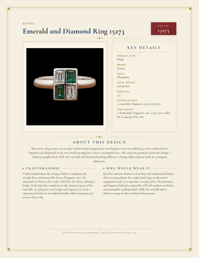 Estate Emerald and Diamond Ring 15273 — anatomy card