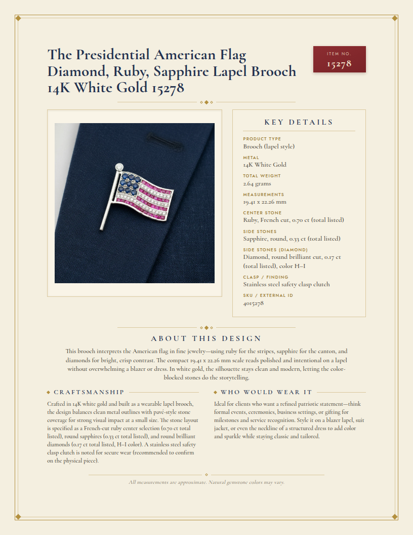 The Presidential  American Flag Diamond, Ruby, Sapphire Lapel Brooch 14K White Gold 15278 — anatomy card