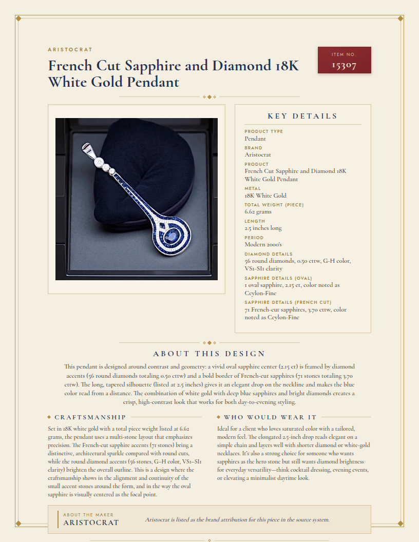 French Cut Sapphire and Diamond 18K White Gold Pendant — anatomy card