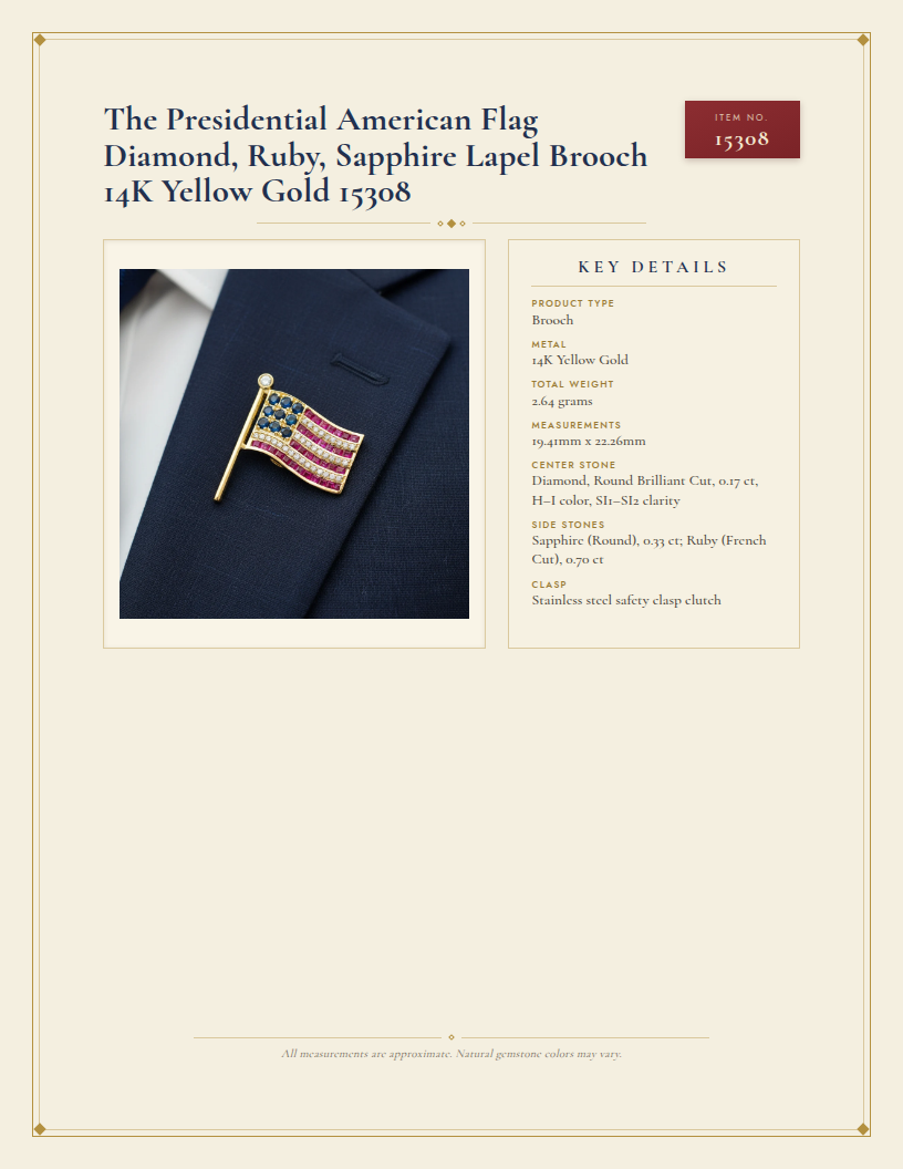 The Presidential American Flag Diamond, Ruby, Sapphire Lapel Brooch 14K Yellow Gold 15308 — anatomy card