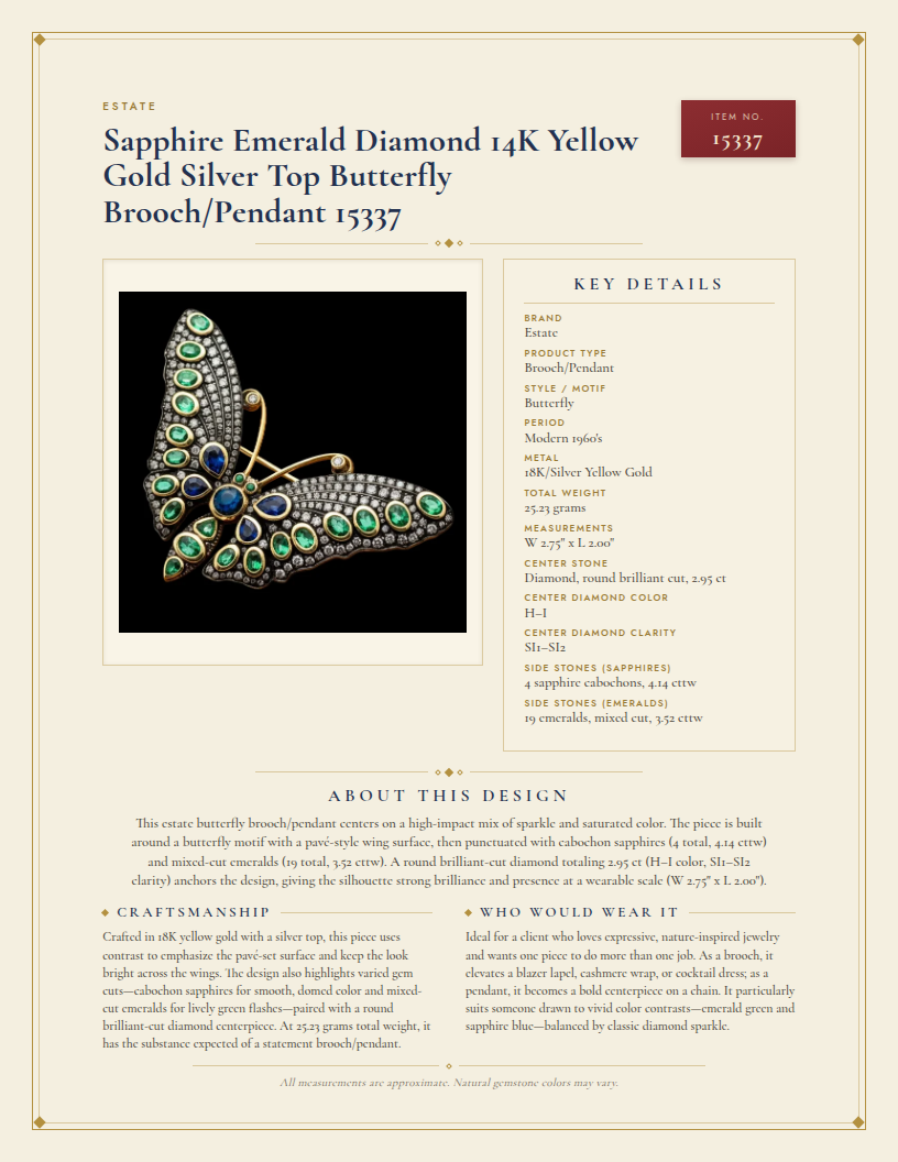 Estate Sapphire Emerald Diamond 14K Yellow Gold Silver Top Butterfly Brooch/Pendant 15337 — anatomy card