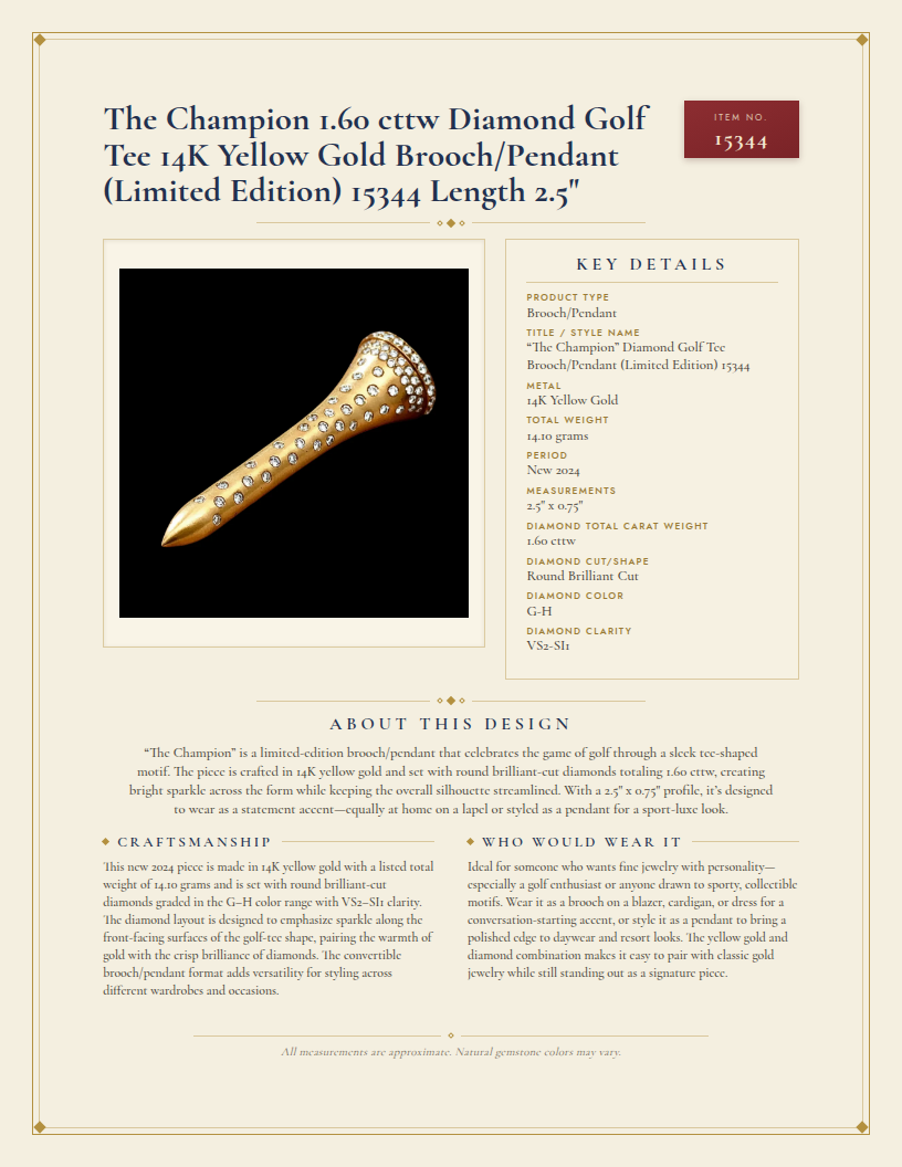The Champion 1.60 cttw Diamond Golf Tee 14K Yellow Gold Brooch/Pendant (Limited Edition) 15344 Length  2.5" — anatomy card