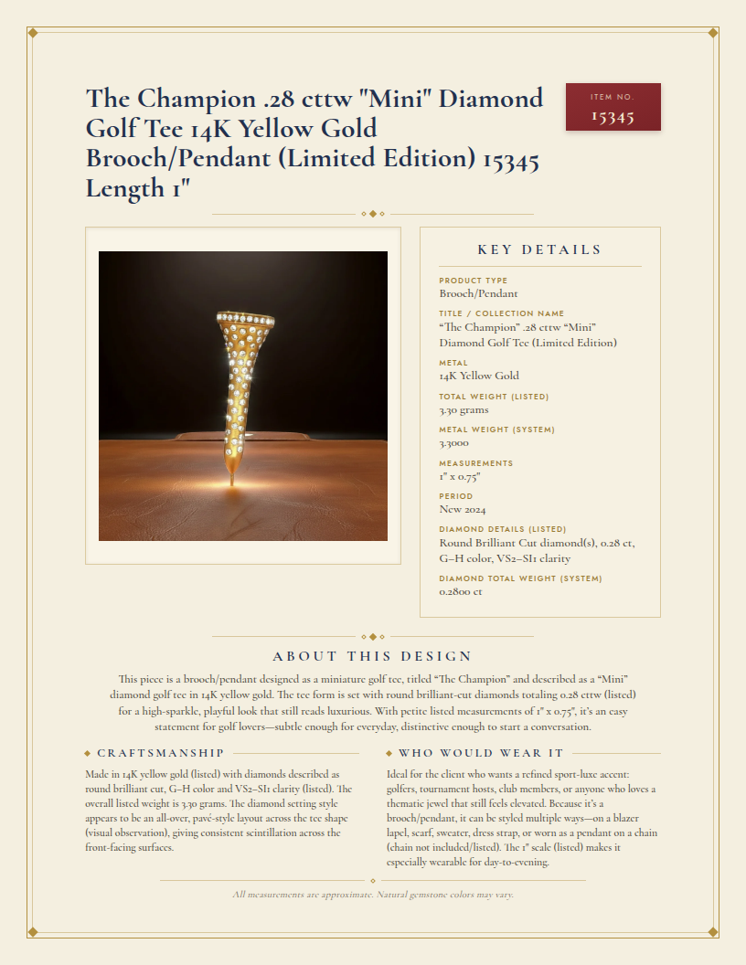 The Champion .28 cttw "Mini" Diamond Golf Tee 14K Yellow Gold Brooch/Pendant (Limited Edition) 15345 Length 1" — anatomy card