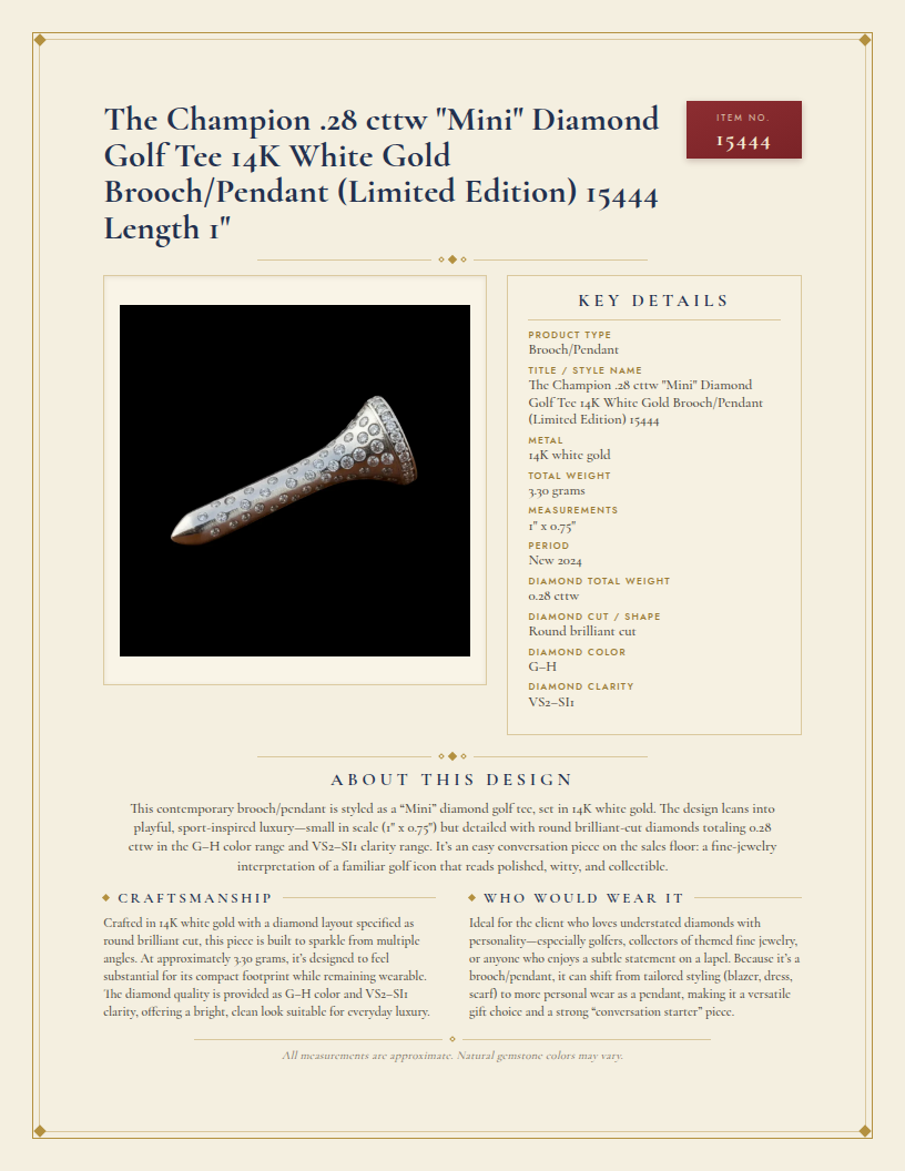 The Champion .28 cttw "Mini" Diamond Golf Tee 14K White Gold Brooch/Pendant (Limited Edition) 15444 Length 1" — anatomy card