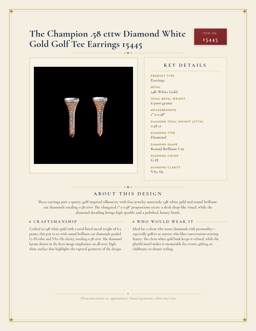 The Champion .58 cttw Diamond White Gold Golf Tee Earrings 15445 — anatomy card