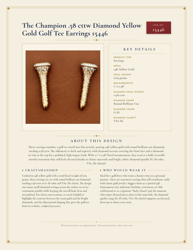 The Champion .58 cttw Diamond Yellow Gold Golf Tee Earrings 15446 — anatomy card